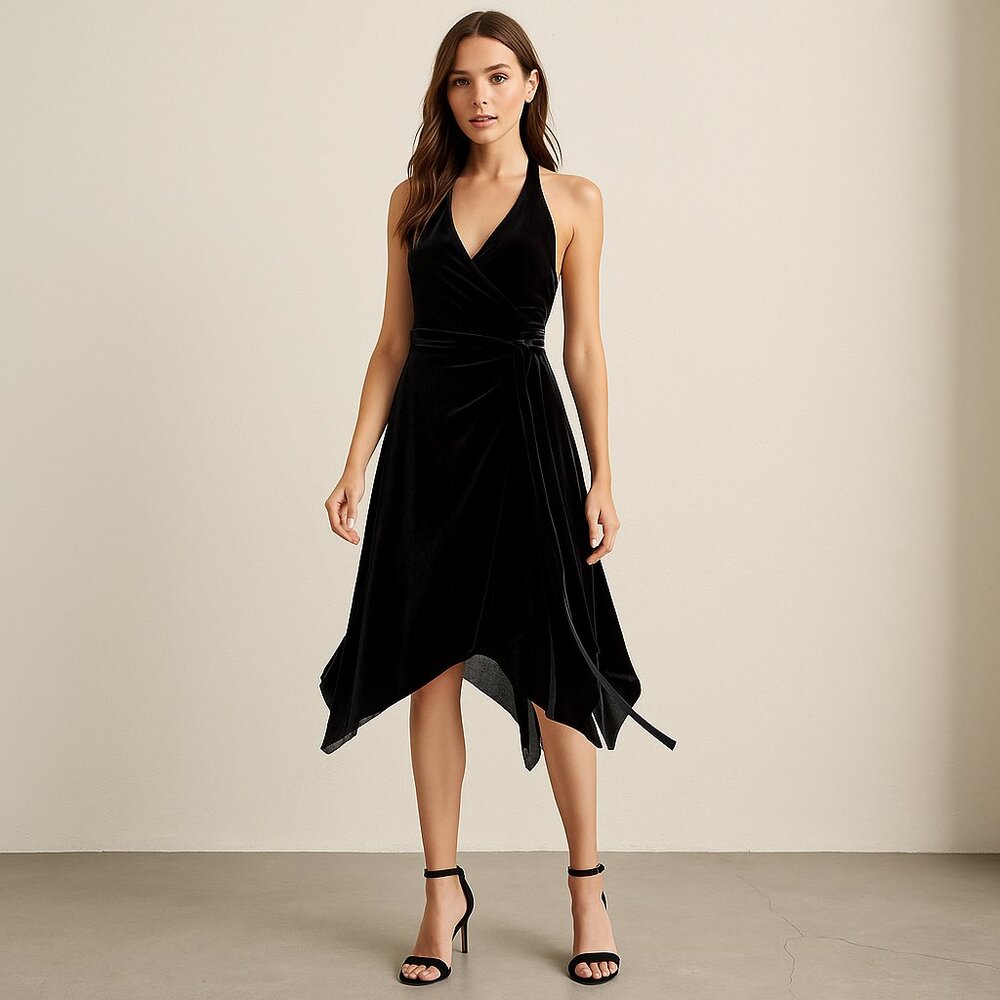 Le Château Black Halter Wrap Dress | Size XXS | Elegant Asymmetrical Hem